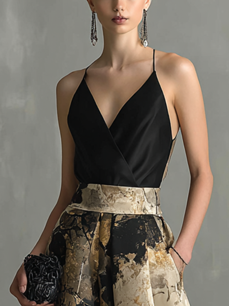 Women's Elegant Black And Beige Abstract Print V-Neck Spaghetti Strap Maxi Dress MDZ1483B2BA