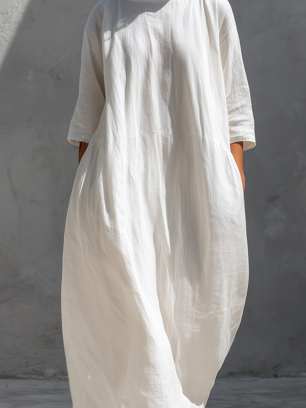 Women's Elegant White Cotton And Linen Blend Round Neck Long-sleeved Loose Maxi Dress MDZ1429A5AN