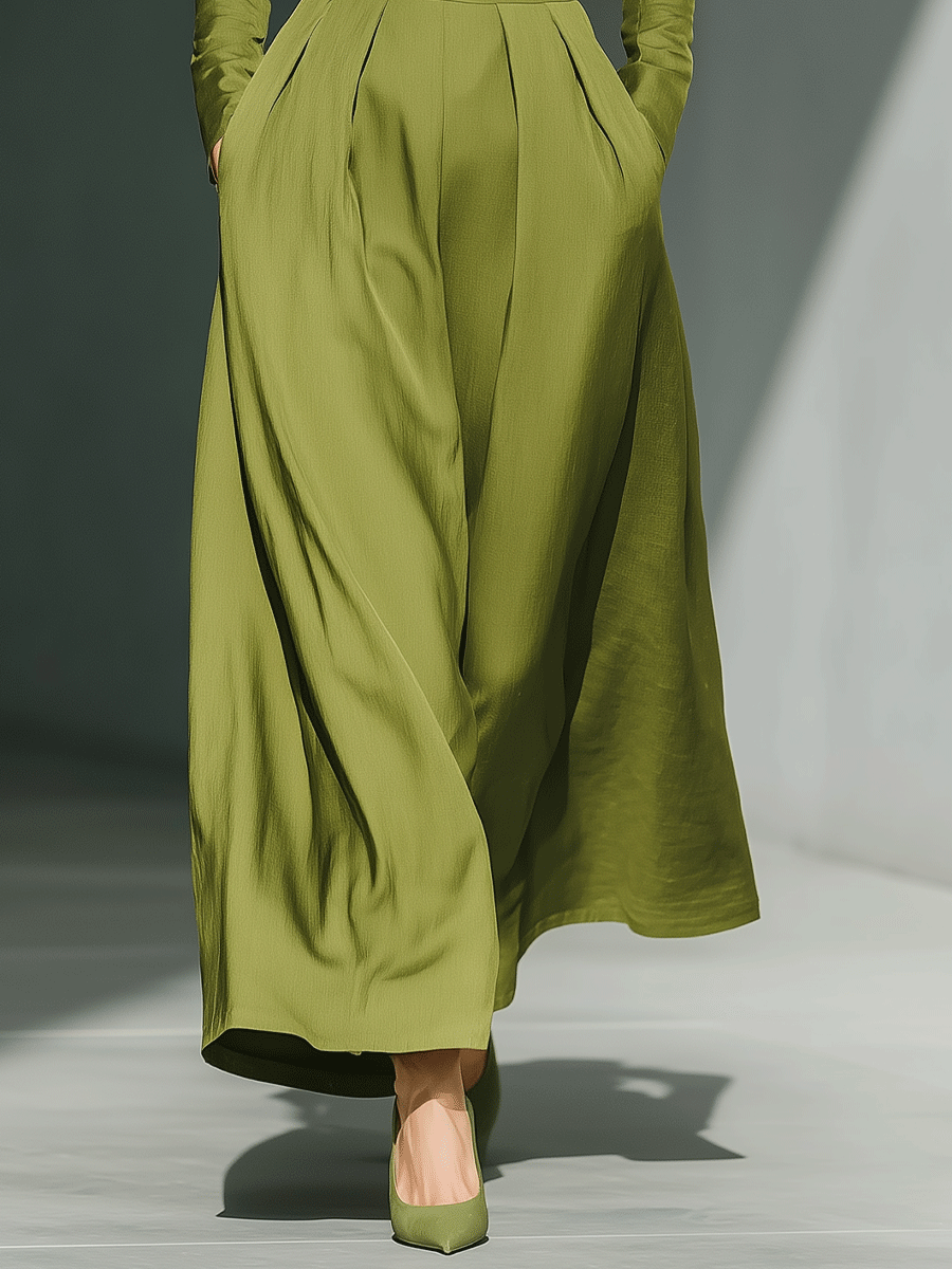 Women's Elegant Olive Green High Waist Suit V-Neck Blended Maxi Dress MDA2958G7I