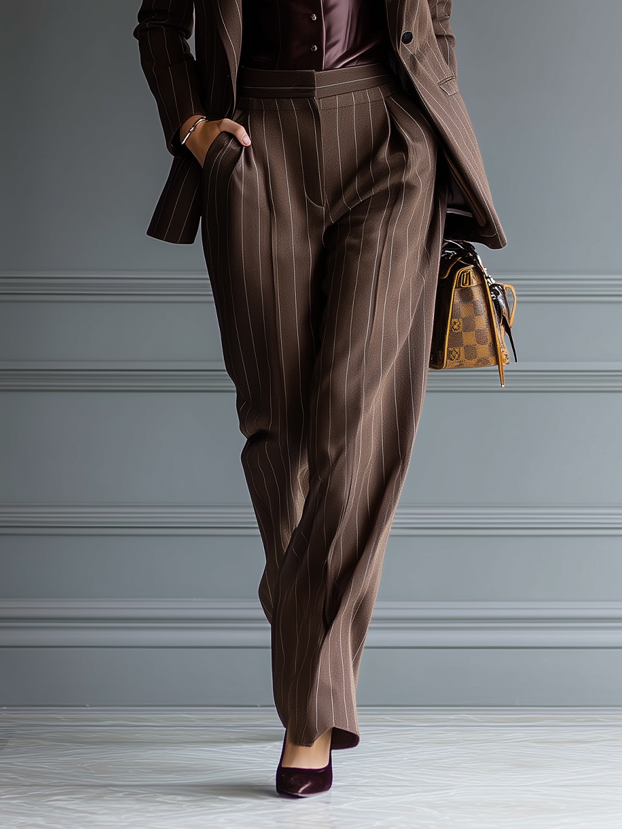 Women's Brown Cotton Blend Striped Suit And Trousers Set MDA1627I6T