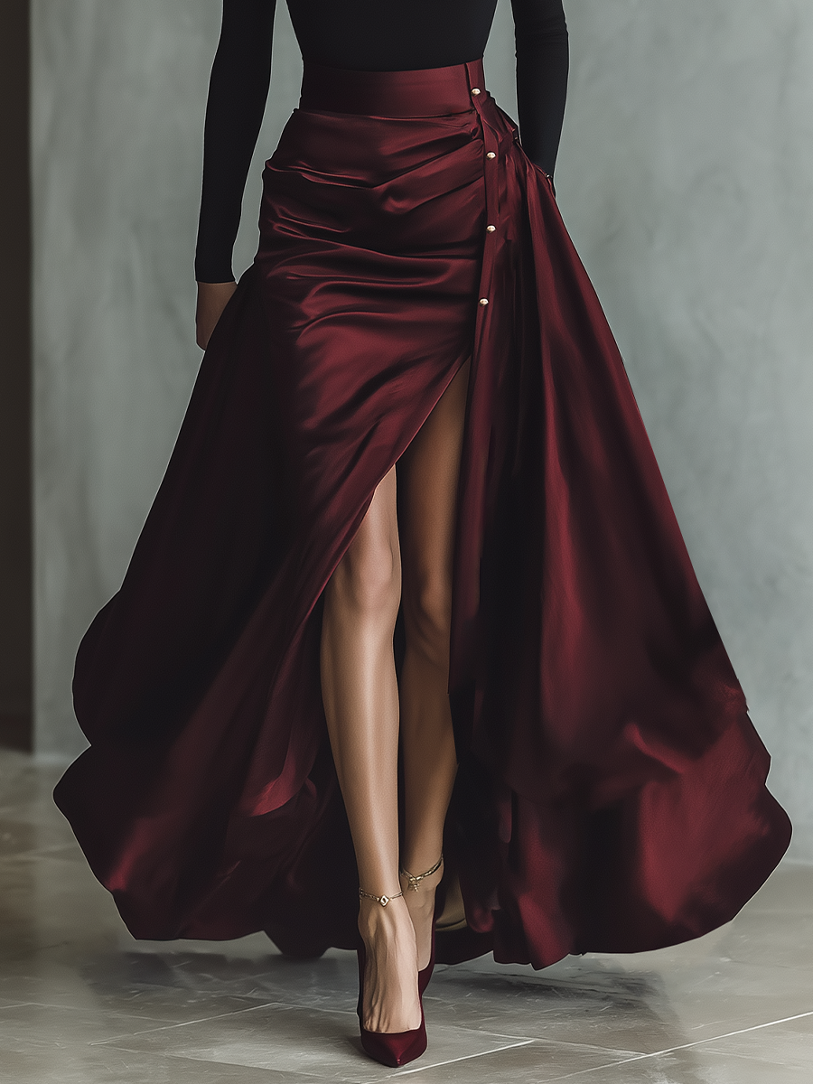 Women's Black Stretchy Knit Fabric Long-Sleeve Off-Shoulder Top & Burgundy Satin Ruched-Slit Maxi Skirt Set MDA1980L6T