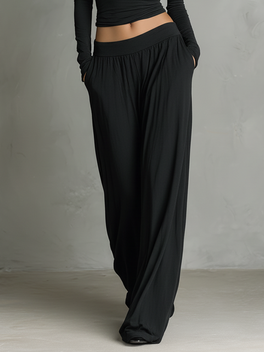 Women's Minimalist Stretchy Long-sleeved T-shirt And Wide-leg Pants Set MDA0944L9Y