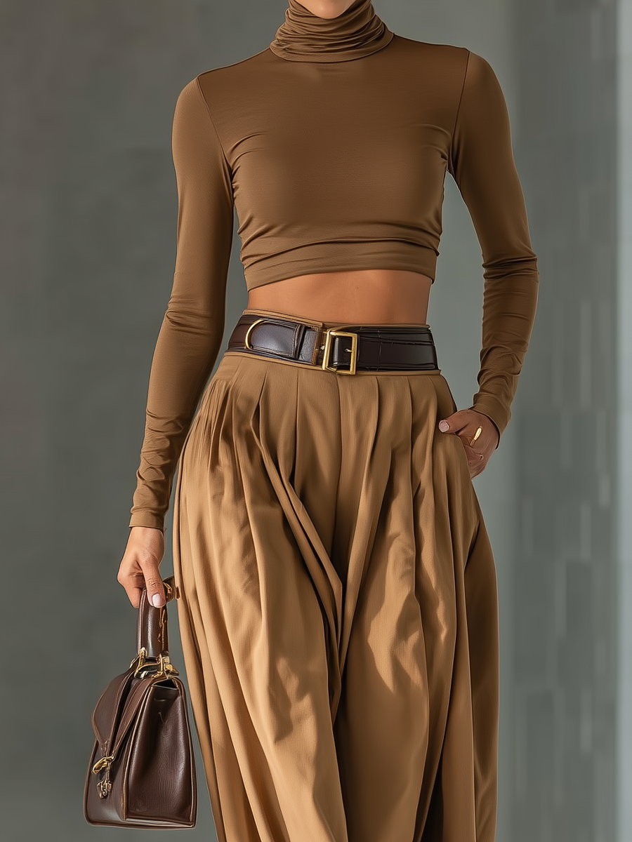 Women's Blended Brown Top And Wide-leg Pants Set MDA1209H0T