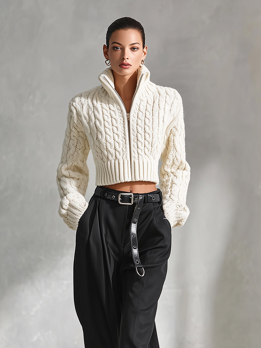 Women's White Elegant Cable - Knit Zip - Front Cropped Cardigan MDA1782I2I