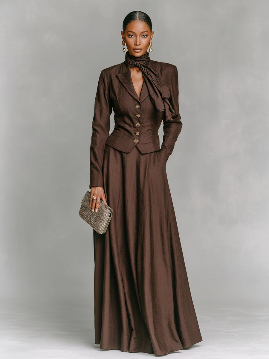 Women's Brown Cotton-Linen Blend Classic Lapel Blazer And Long Skirt Suit MDA0109K1I