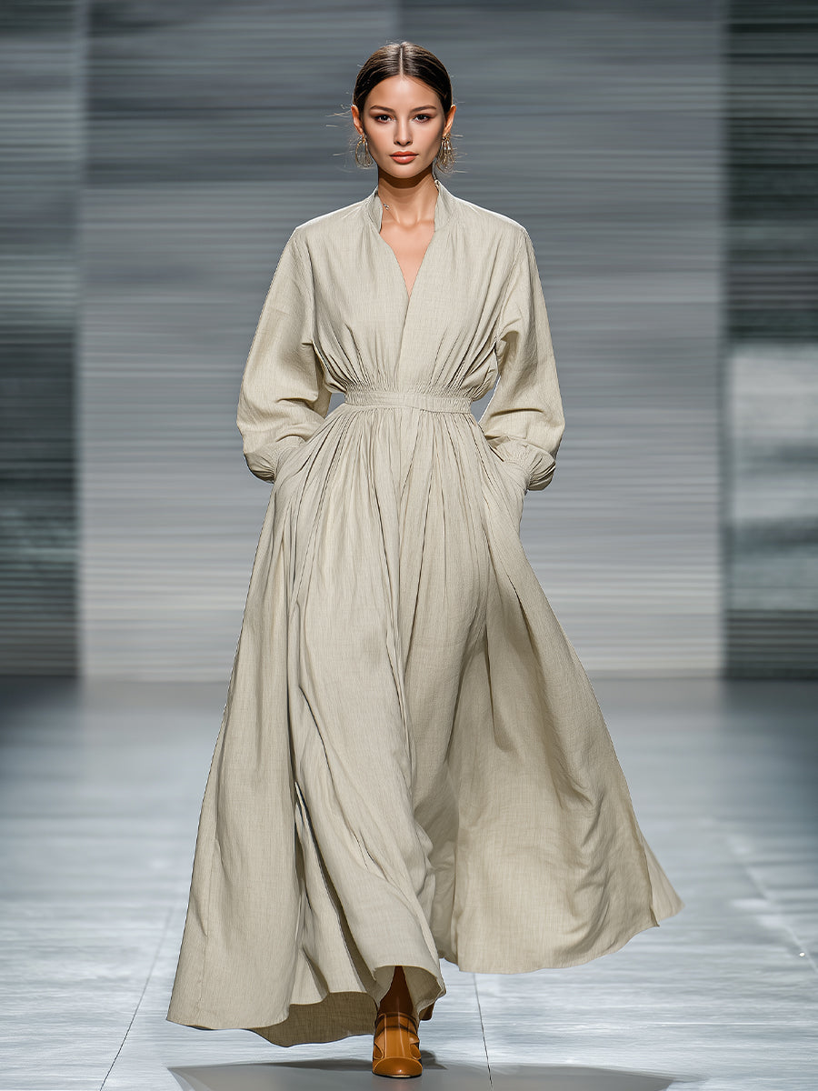 Women's Beige Linen-Blend Elegant Dress With Puff Sleeves & Ruched Waist, Timeless Minimalist Style Dress MDA3061K8I