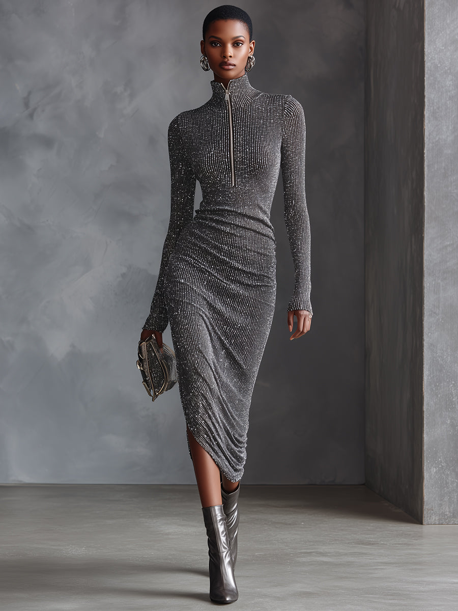 Women's Silver Glamorous Lurex - Knit Zip - Front Ruched Midi Dress MDA1462H7I
