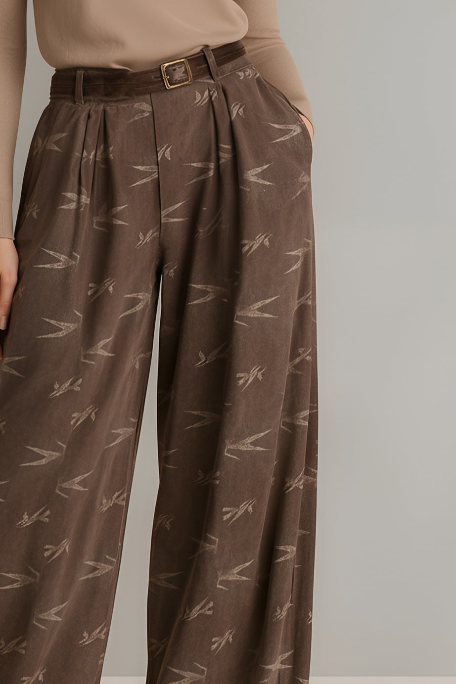 Women's Fashionable And Casual Khaki Round Neck Long-sleeved Slim-fit Base Layer Top Paired With Brown Wide-leg Corduroy Bamboo Print Trousers MDA1324K0AN