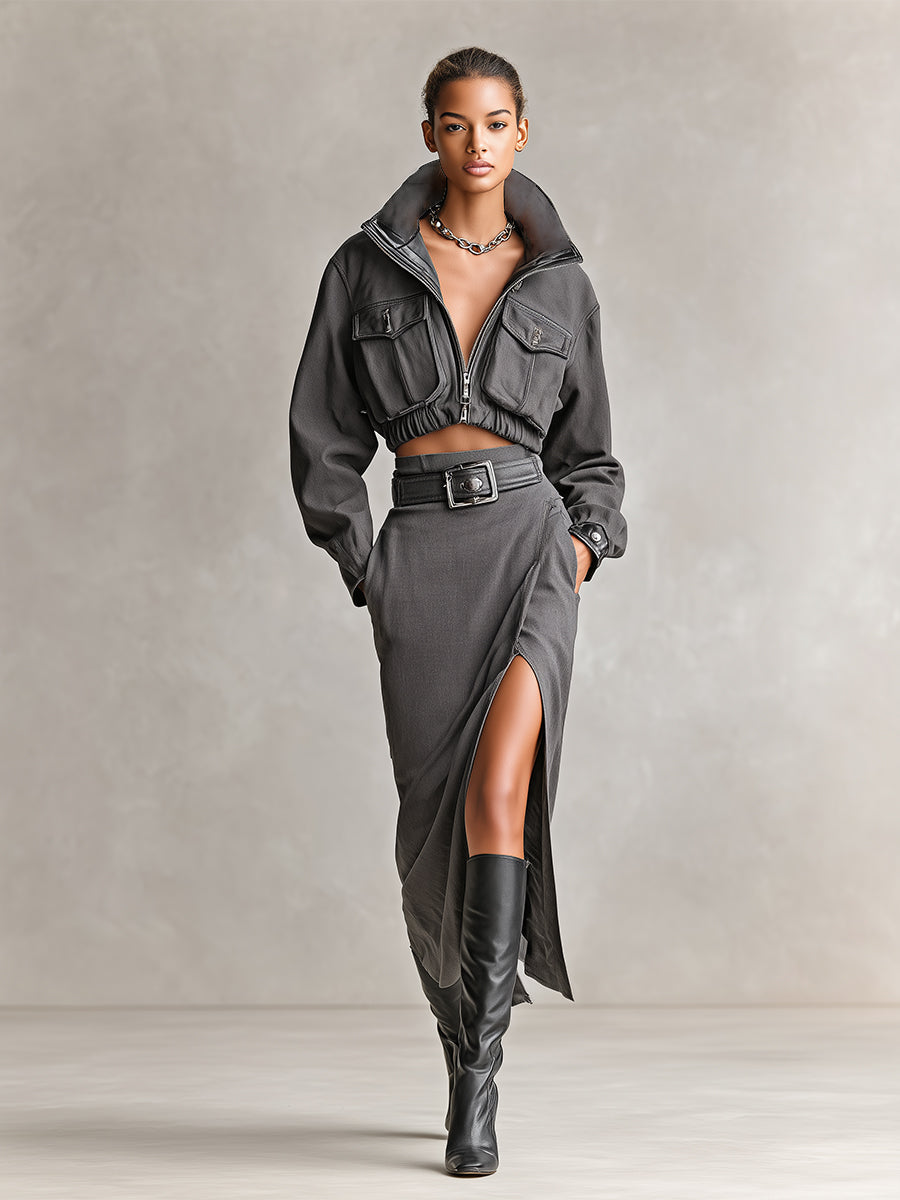 Women's Grey Edgy Cotton Blend Zip - Front Cropped Jacket And Slit Midi Skirt Set MDA1727I5I