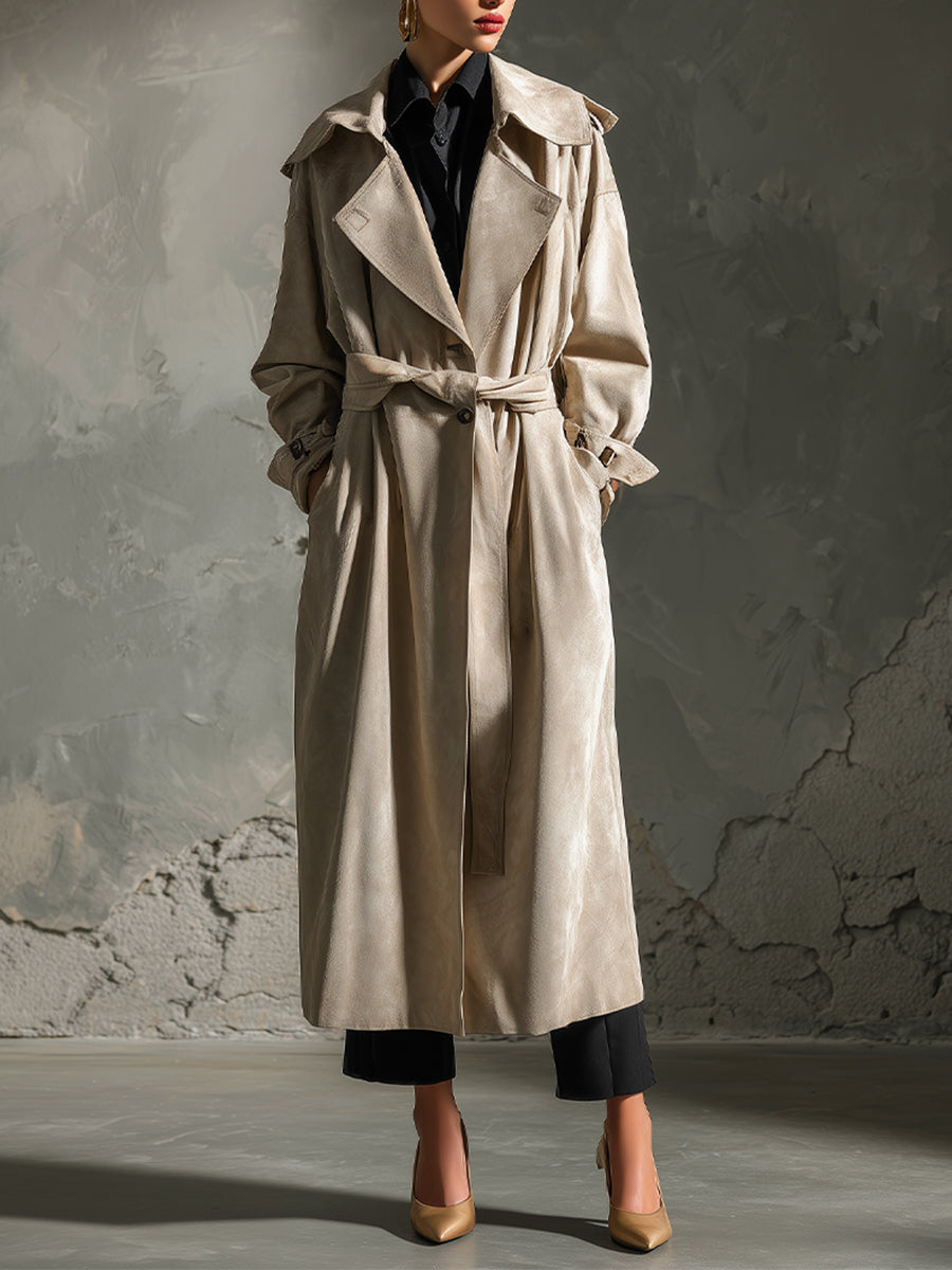 Women's Beige Faux Suede Elegant Coat With Belted Waist & Trench Design, Timeless Classic Style Coat MDA0432K4I