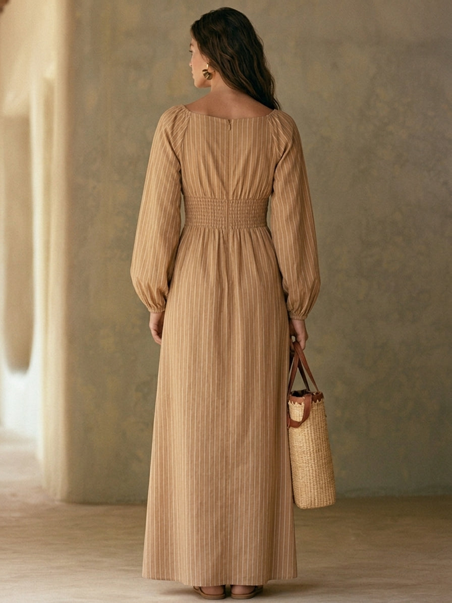 Women's Striped Linen-Blend Off-Shoulder Midi Dress MDZ0380H9ZRK