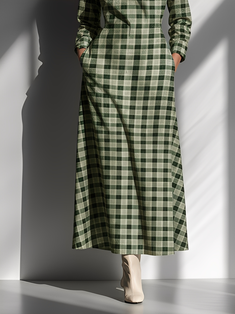 Women's Forest Green Cotton Linen Check Pocket Design Casual Dress MDA3032K2T