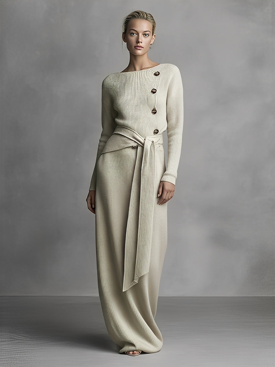 Women's Beige Knitted Elegant Maxi Dress With Asymmetric Buttons & Oversized Waist Belt MDA2209J5I