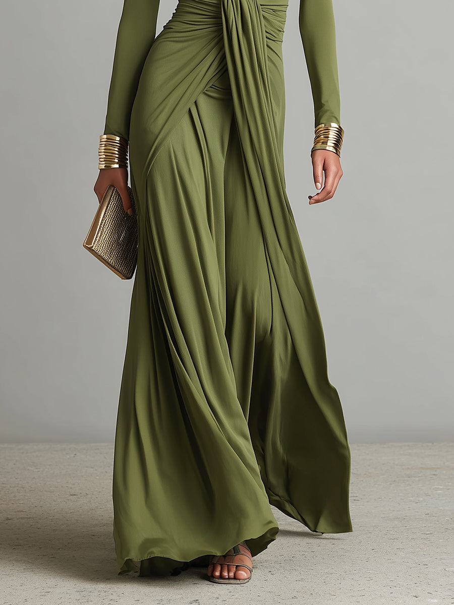 Women's Olive Silky Stretchy Dress With Deep V-Neck & Ruched Detail, Glamorous Maxi Dress MDA0509L8I