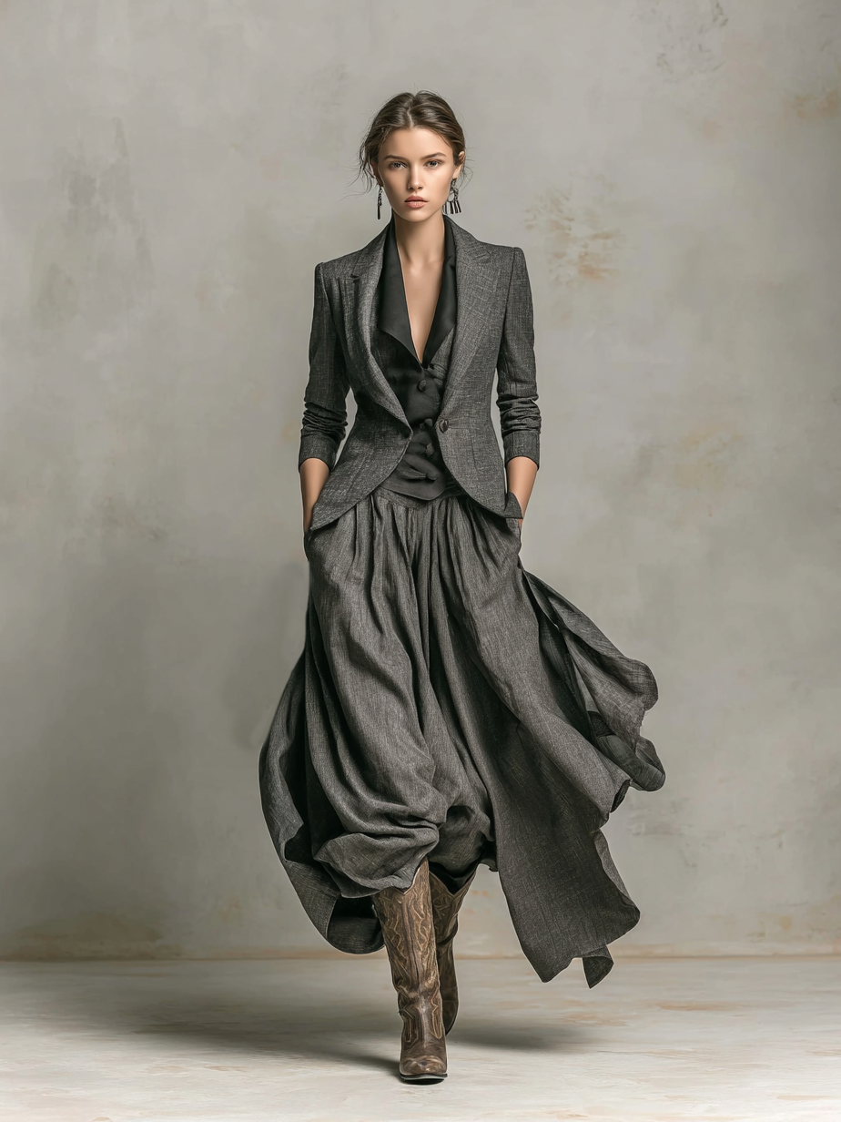 Women's Cotton And Linen Single-button Blazer And Skirt Set MDA1379H3Y