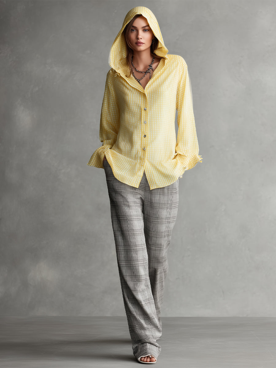 Women's Yellow Checked Linen-Blend Chic Hooded Shirt & Plaid Pant Set MDA0515K3I