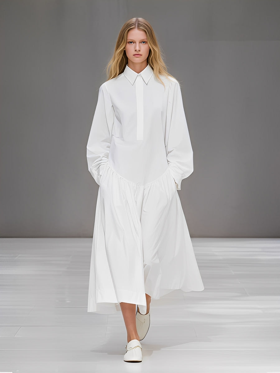 Women's Crisp White Cotton-Blend Dress With Polo Collar & Pleated Skirt, Timeless Minimalist-Chic Style Dress MDA2548L5I