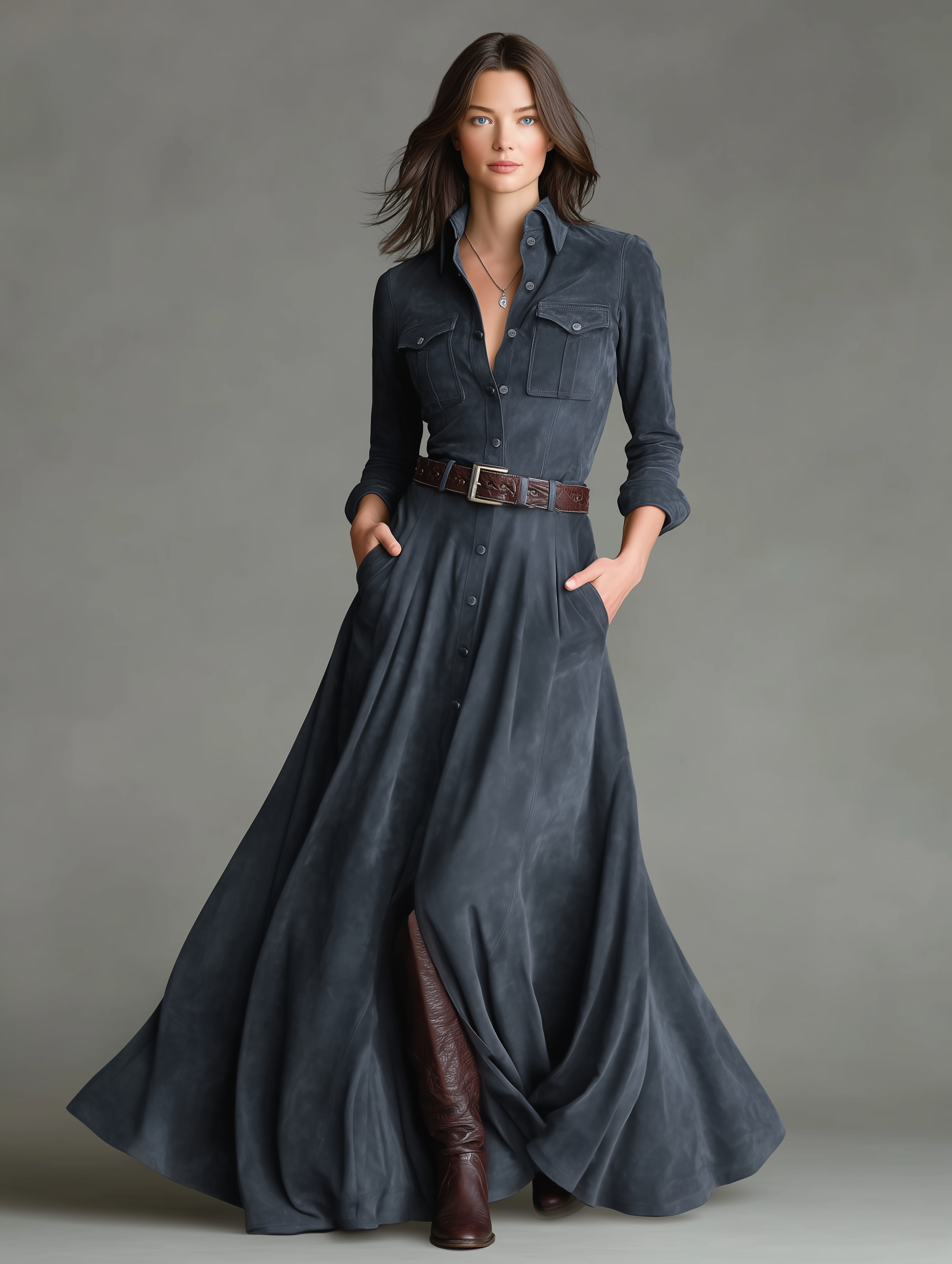 Women's Faux Suede Shirt Collar Single-breasted Belted Floor-length Dress MDA3183J4Y