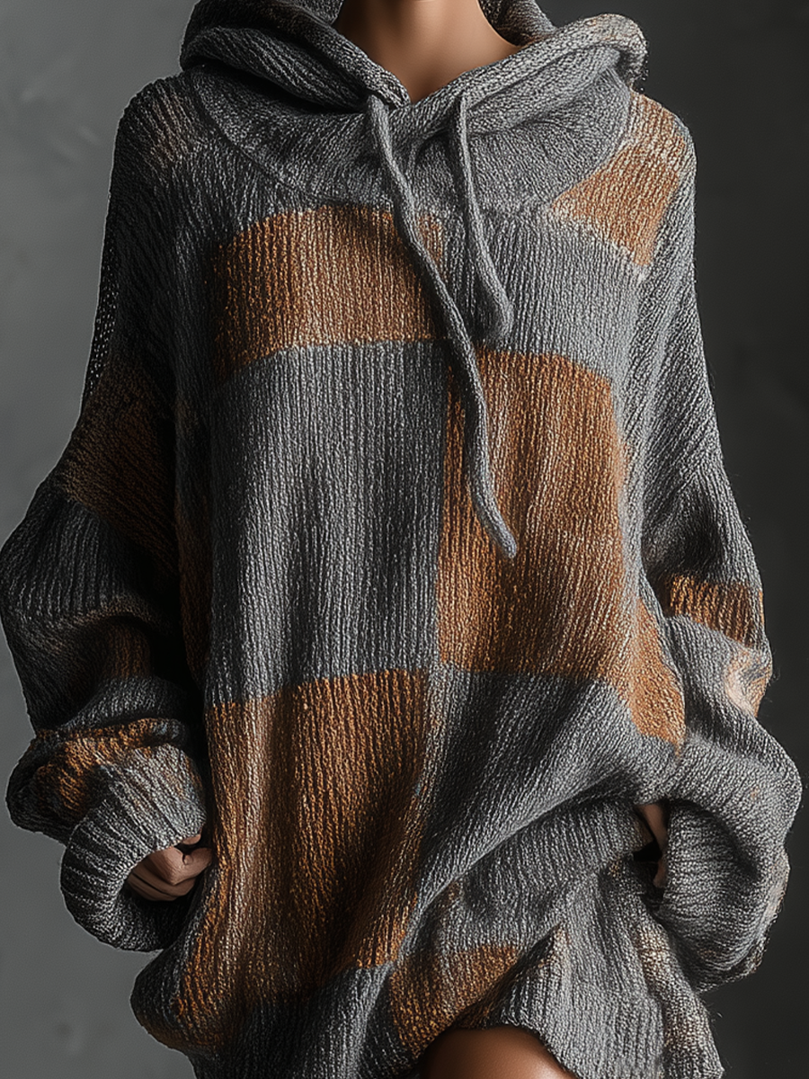 Women's Gray And Brown Color-blocked Knitted Hooded Loose Sweater Mini Dress MDA0729K7T