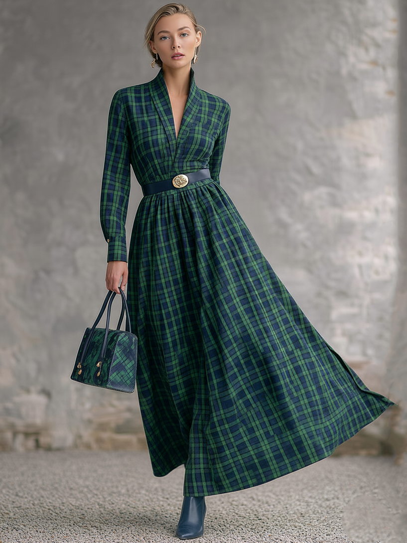 Women's Plaid Shawl Collar Belt Maxi Dress MDA1695J8Y