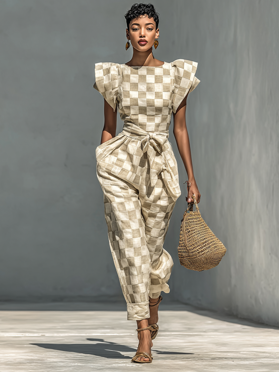 Women's Checkered Flutter Sleeve Belted Jumpsuit MDA1100G7Y