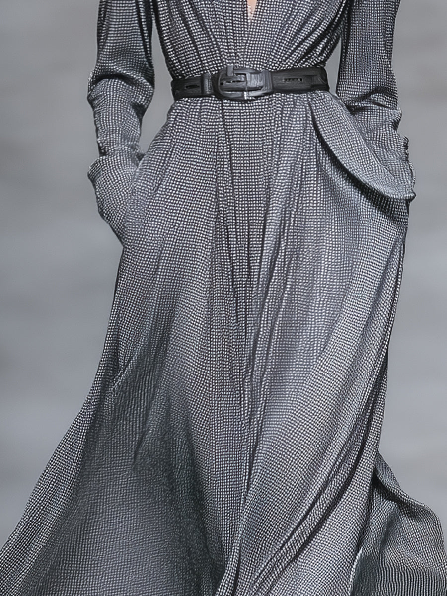 Women's Grey Retro Checked - Pattern High - Neck Belted Maxi Dress (without belt) MDA0564H0I