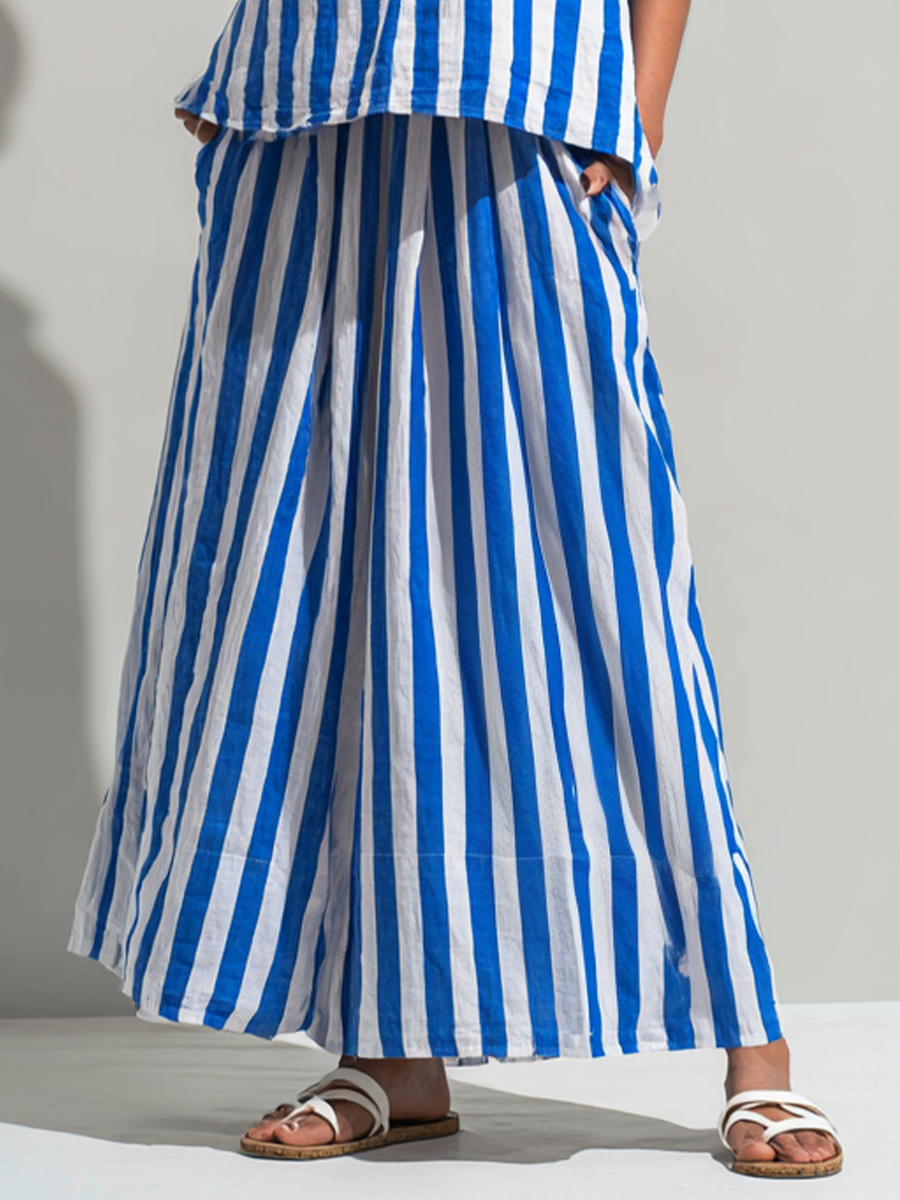 Women's Casual Blue And White Striped Sleeveless Top And Skirt Set MDZ2710B9BA