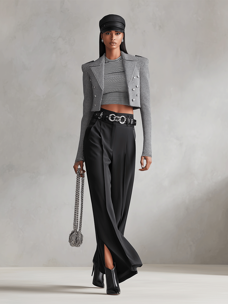 Women's Black - White Sophisticated Tweed Shoulder - Padded Cropped Blazer MDA0919I1I