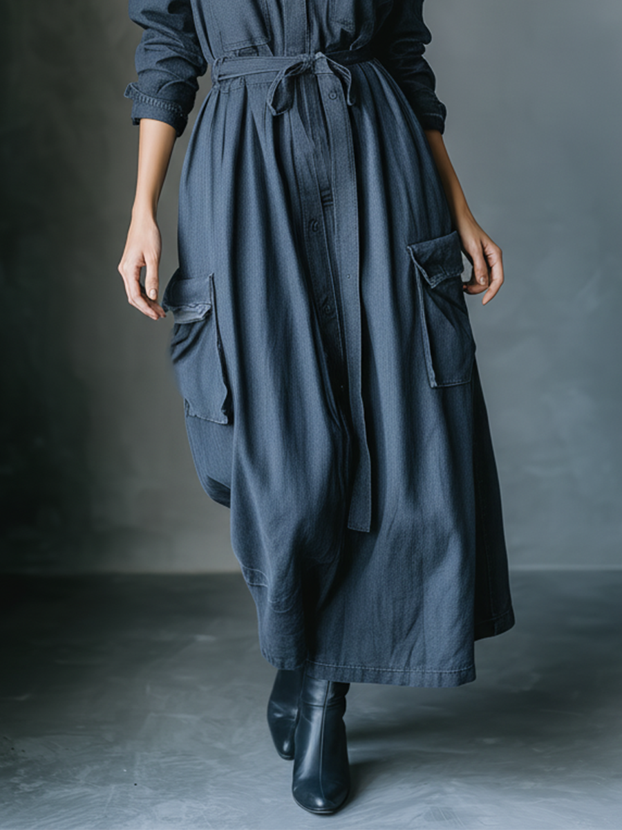 Women's Dark Gray-blue Denim Multi-pocket Tie-up Workwear Dress MDA2479K9T