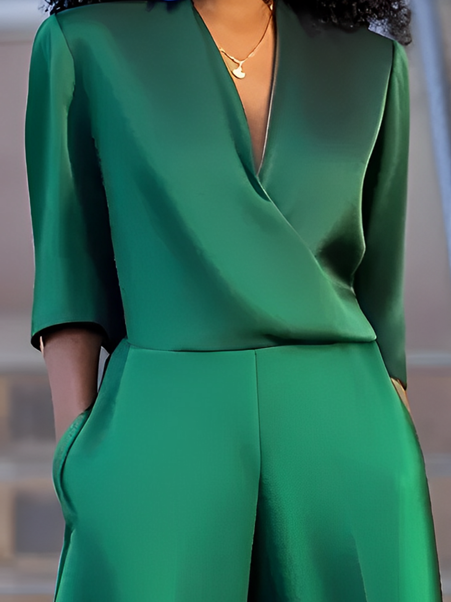 Women's Satin Wide-Leg V-Neck Jumpsuit MDA2257G0T