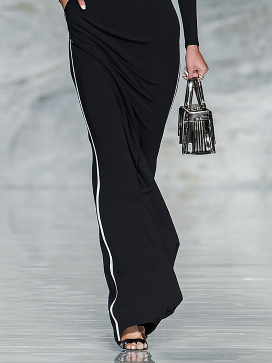Women's Black And White Trim Square Neck Long Sleeve Tight Maxi Dress MDA1698G8Y