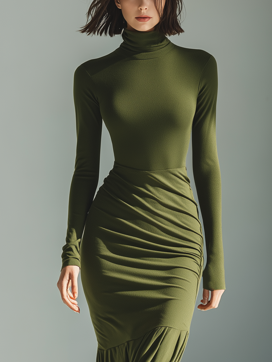 Women's Army Green Stretch Knit High Neck Pleated Slim Fit Maxi Dress MDA0556K1T