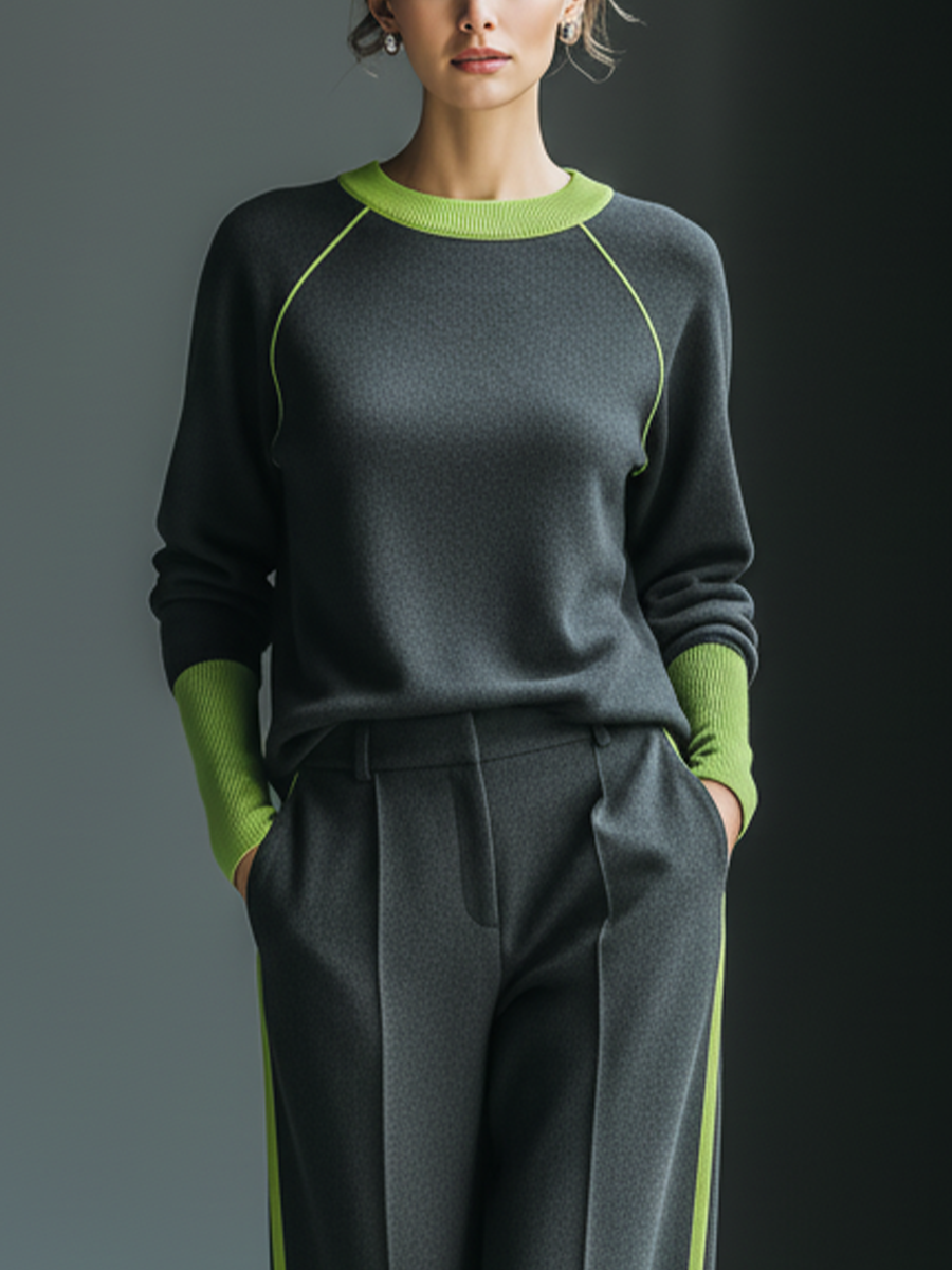 Women's Charcoal Knit Fabric Crew Neck Top With Lime Contrast & Wide-Leg Striped Pants Set MDA1559L3T