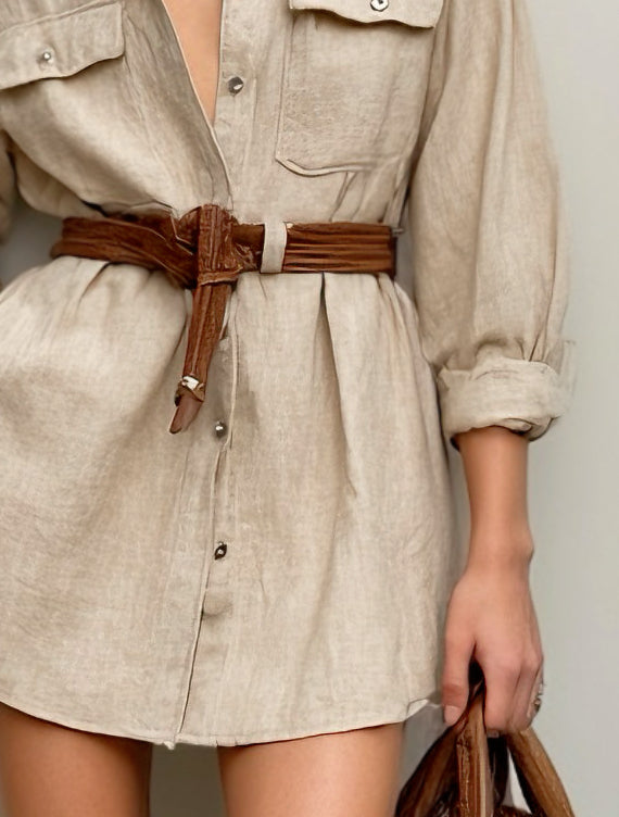 Women's Simple And Elegant Beige-grey Waist-cinching Mini Shirt Dress With Belt MDA0782K5AN
