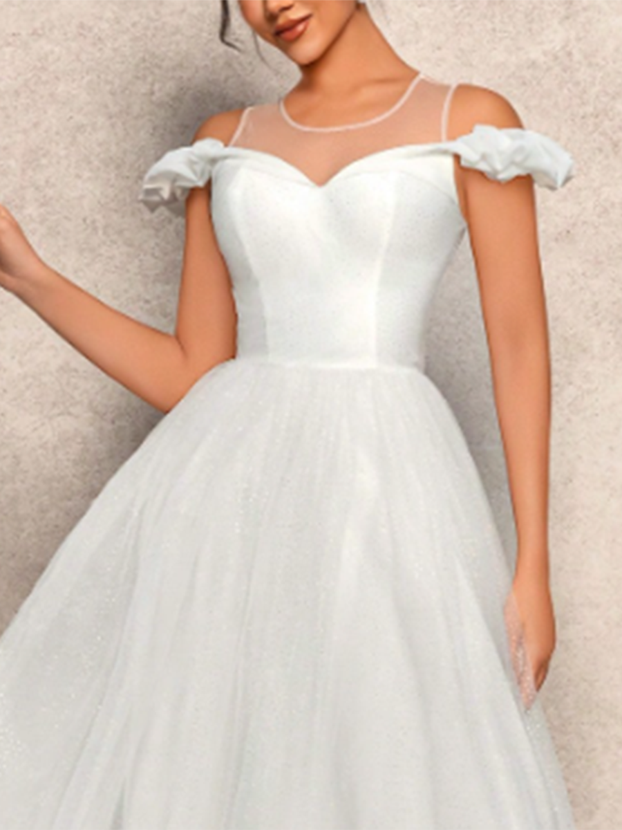 Simple Mesh Stitching Tube Top Off The Shoulder Sleeve Waist Wedding Dress MDA2092F6Y