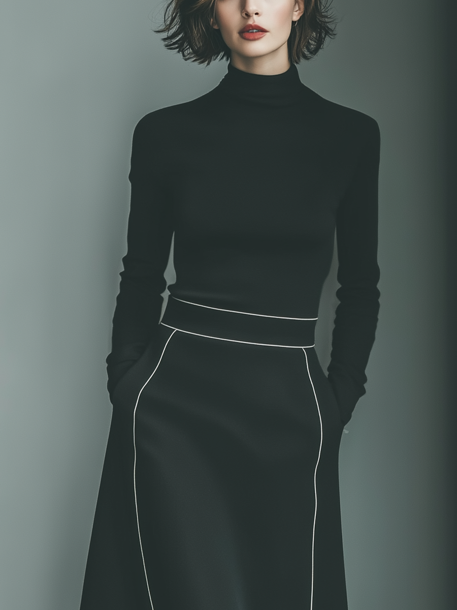 Women's Black Knit Fabric Turtleneck Top & Contrast-Stitched Pocketed Midi Skirt Set MDA1585L4T