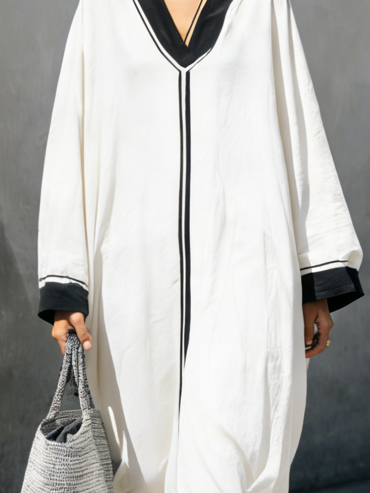 Women's Elegant White Cotton And Linen Blend V-neck Loose-fitting Long Dress MDZ0928A7AN