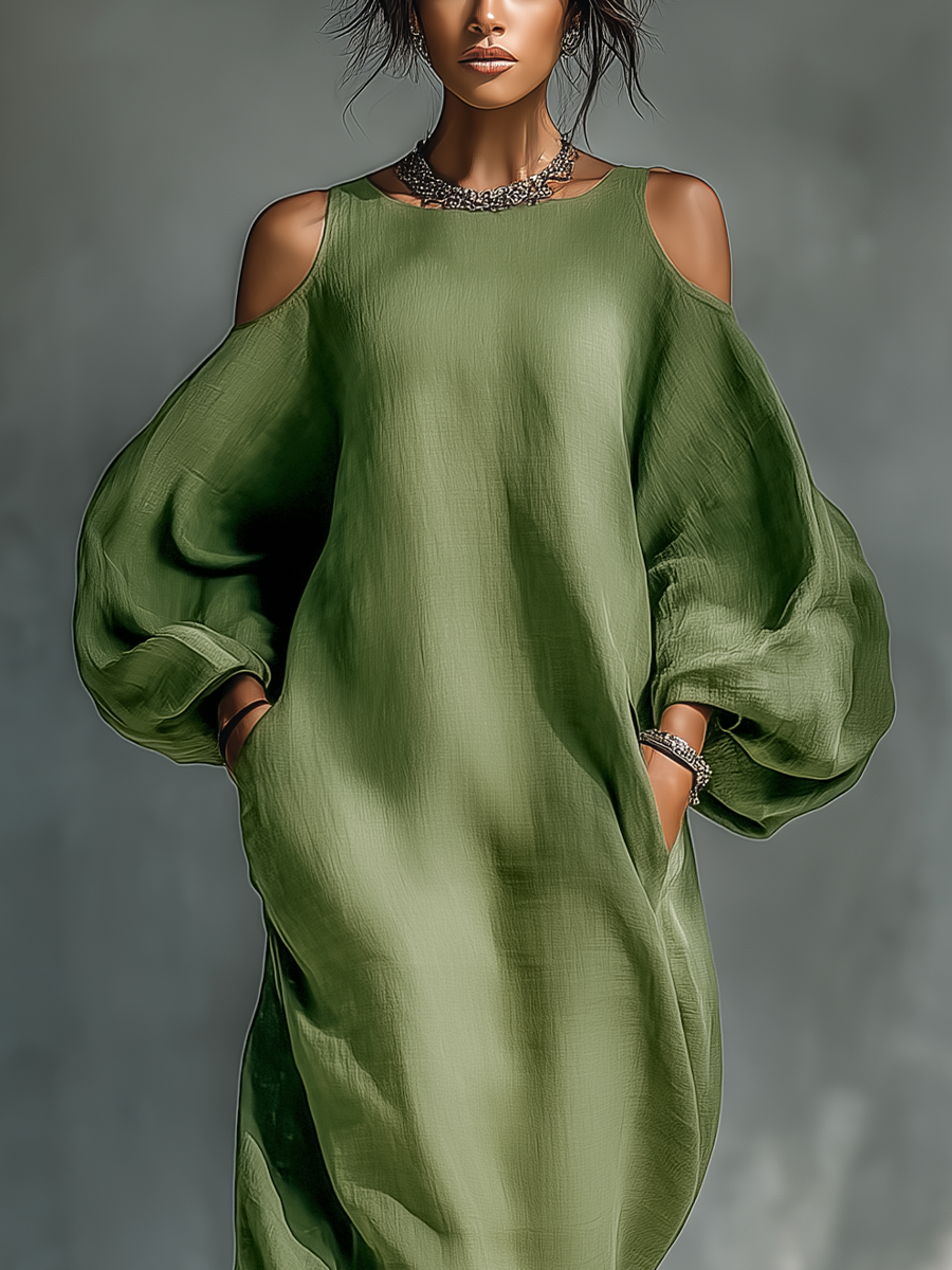 Women's Light Green Cold-Shoulder Maxi Dress With Oversized Puff Sleeves & Side Pockets MDZ1004B7T