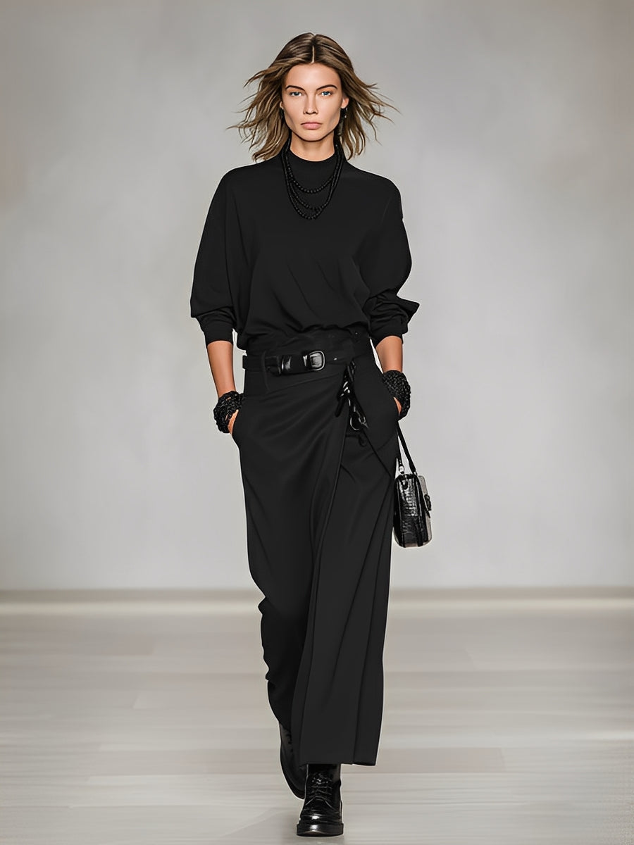 Women's Black Skirt Set With Turtleneck & Wrap Waist Detail, Modern Sophisticated-Effortless Style Set MDA2589L3I