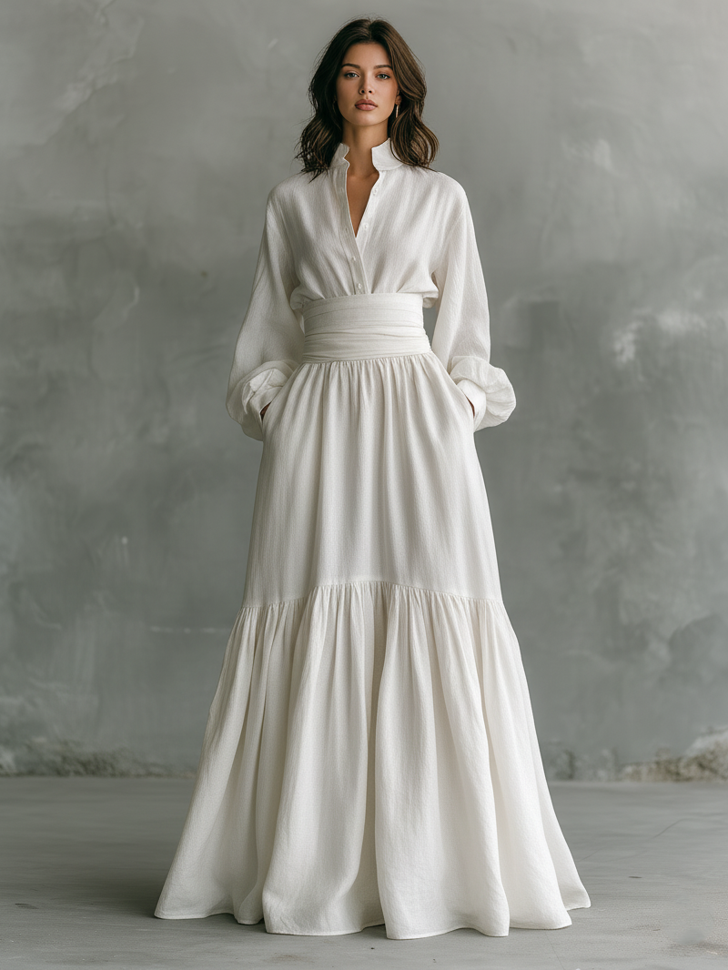 Women's Cotton-linen Blend Stand-up Collar Long-sleeved Shirt And High-waisted Floor-length Skirt Set MDA0603K6Y