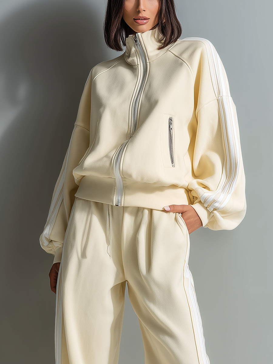 Women's Beige Air-layer Zip-up Loose-fitting Jacket And Straight-leg Trousers Set MDA0323K9T