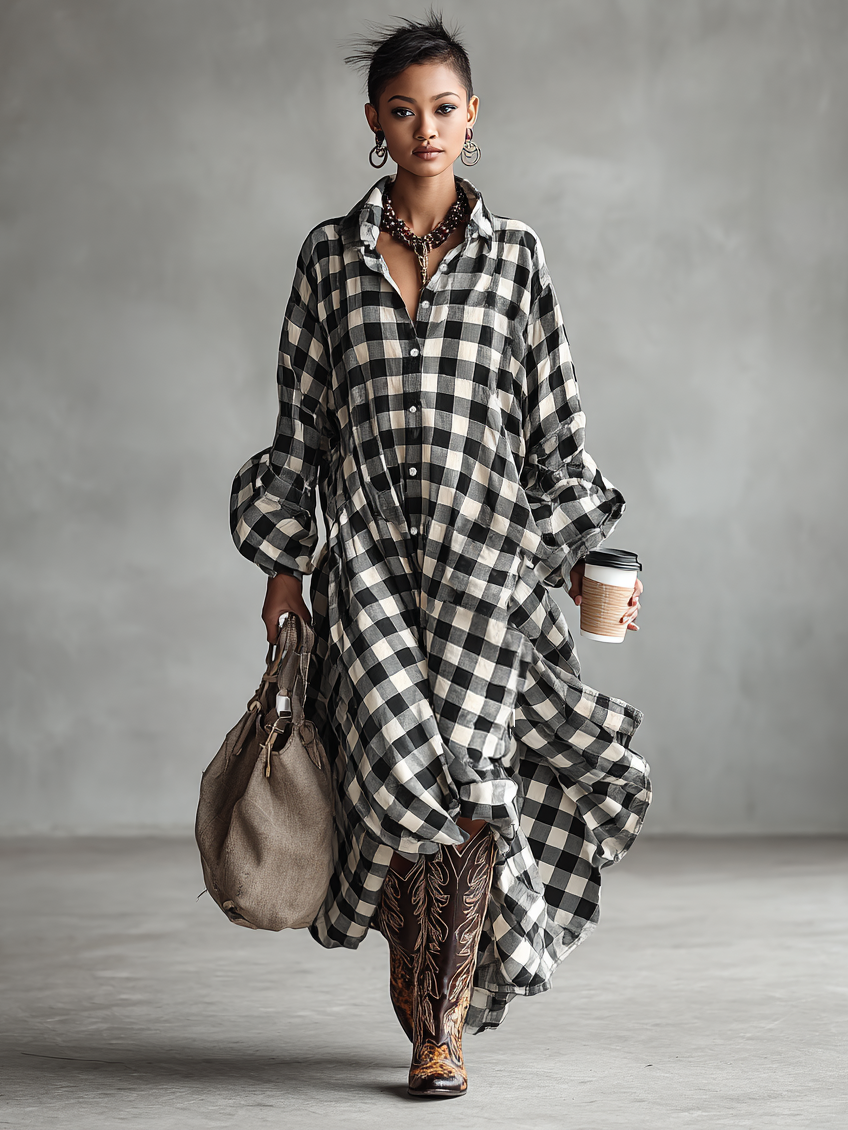 Women's Minimalist Loose Black And White Plaid Shirt Collar Long Sleeve Maxi Dress MDA1858I9Y