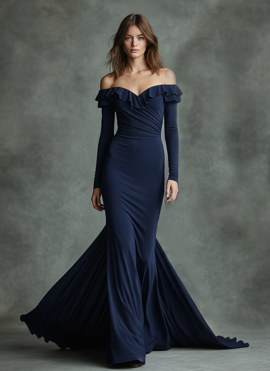 Women's Elastic Ruffled Strapless Long-Sleeved Fishtail Floor Dress MDA3041J9Y