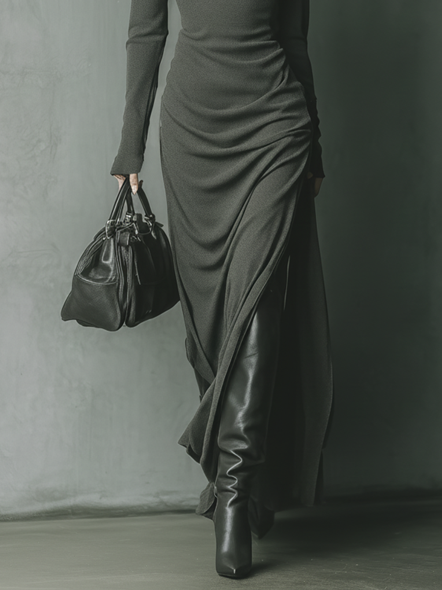 Women's Dark Grey High Elastic Knitted Hooded Maxi Dress MDA1303J1T