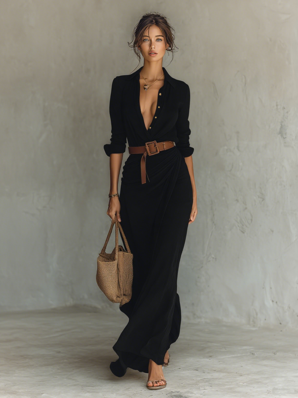 Ladies Lapel Single Breasted Long Sleeve Belted Maxi Dress MDA1500G4Y Modesees Ladies Lapel Single Breasted Long Sleeve Belted Maxi Dress MDA1500G4Y Modesees