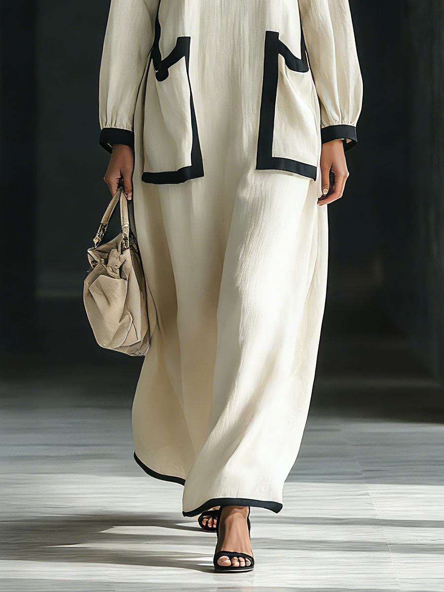 Women's Beige Cotton And Linen Blend Square-Neck Maxi Dress With Black Trim & Oversized Pockets MDZ1507A0T