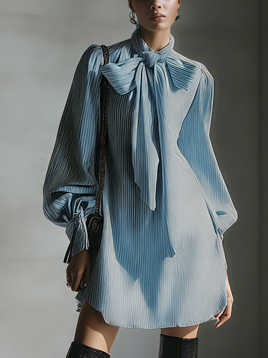 Women's Light Blue Striped Cotton Blend Fabric Bow-Neck Puff-Sleeve Mini Shirt Dress MDA2569L4T