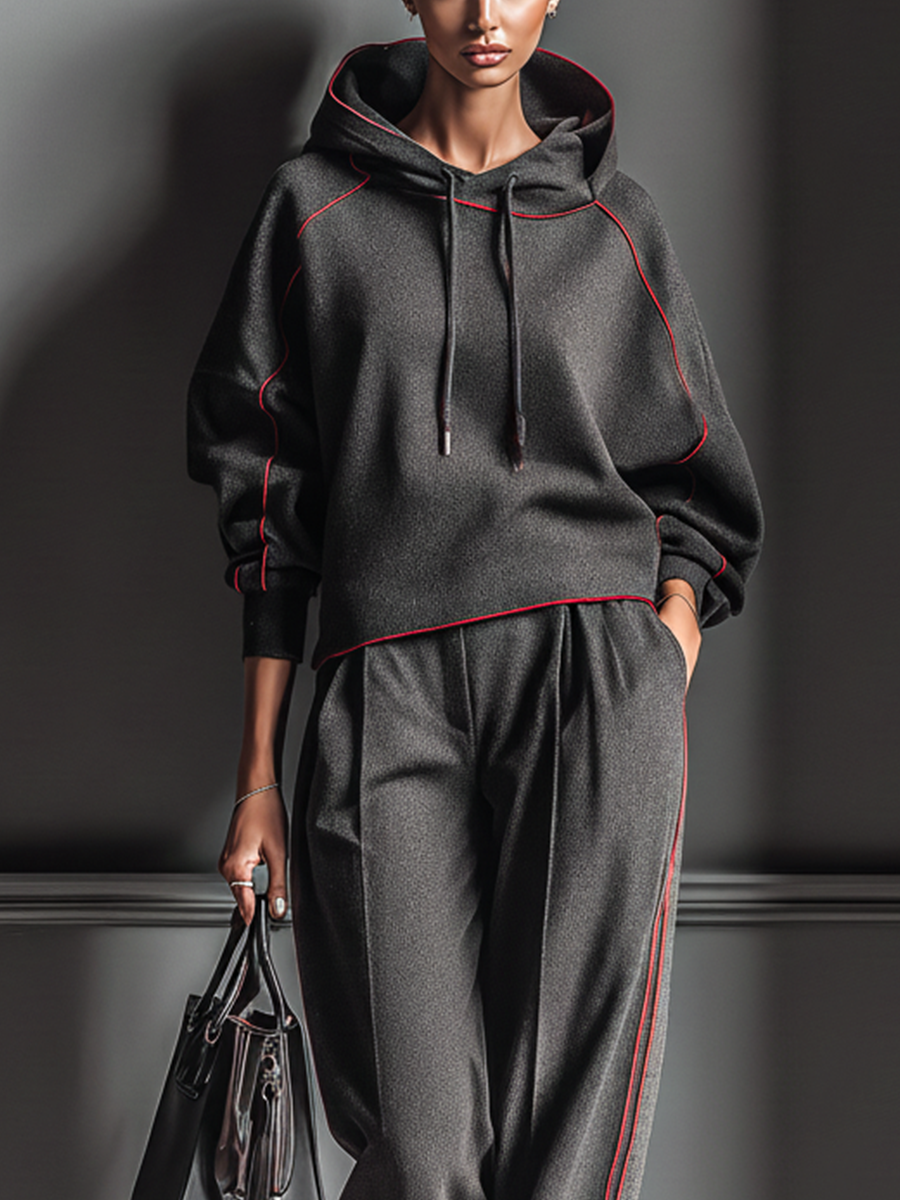 Women's Dark Gray Air Layer Red Contrasting Edge Hooded Sweatshirt And Straight Pants Set MDA1635J7T