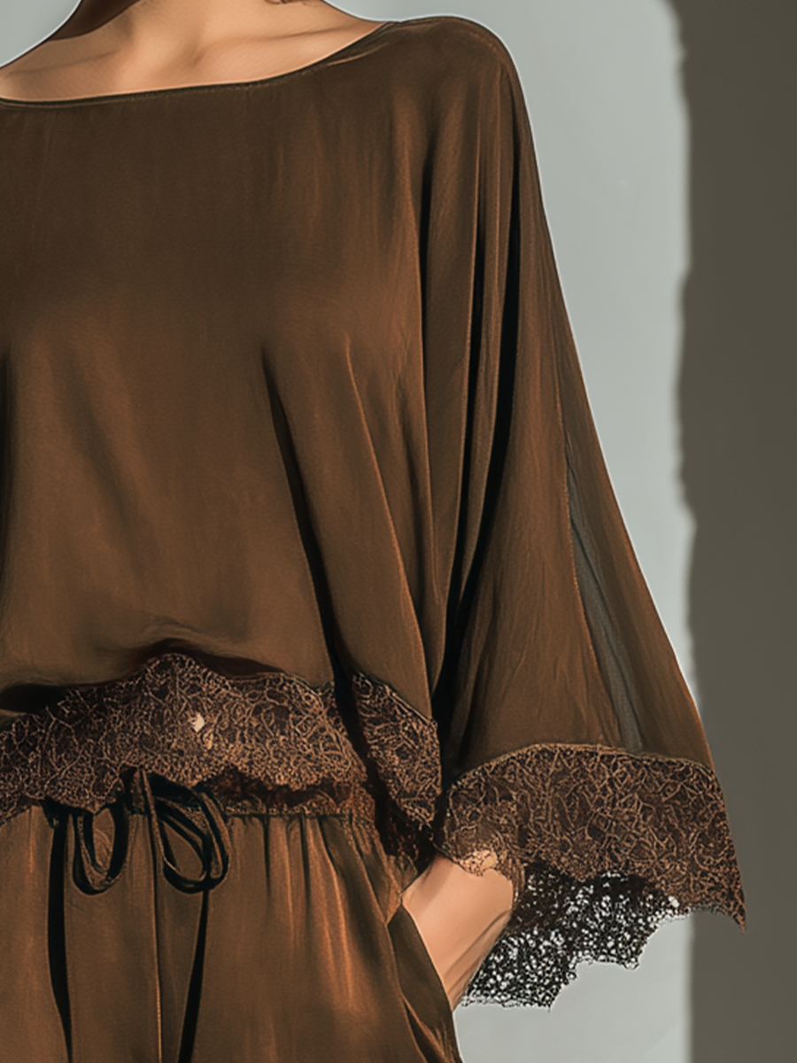 Women's Chocolate Brown Satin Boat Neck Top & Shorts Two-Piece Set With Lace Trim MDZ3151A2T