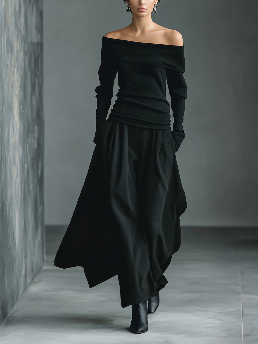 Women's Black Knit Off-Shoulder Fitted Top And Chiffon Skirt Set MDA1430K2T